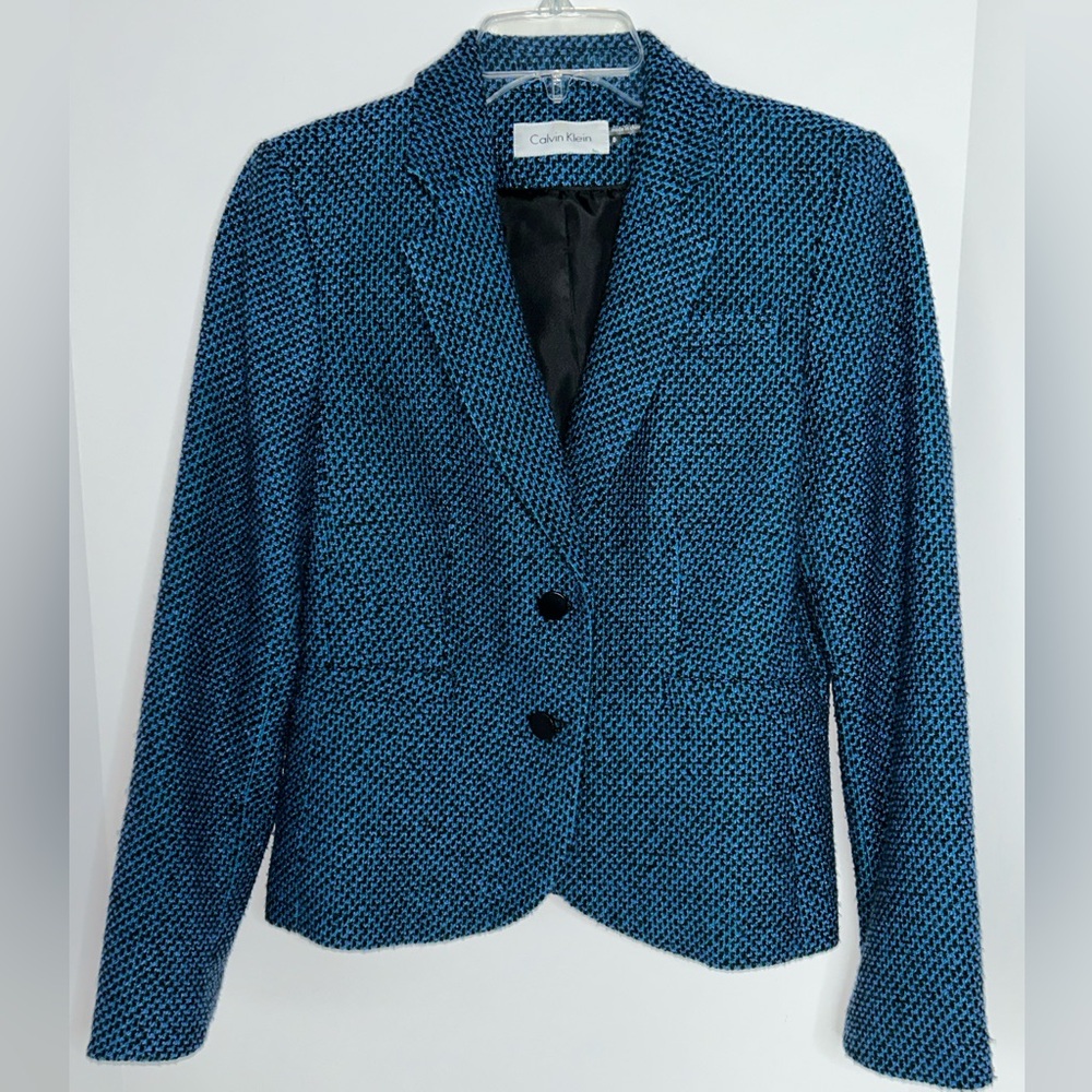 Calvin‎ Klein women’s turquoise black tweed 2 button waist jacket size 8
